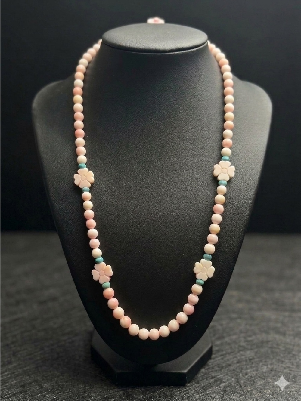 Queen Conch Shell Beaded Necklace Carved Flower Turquoise 19"